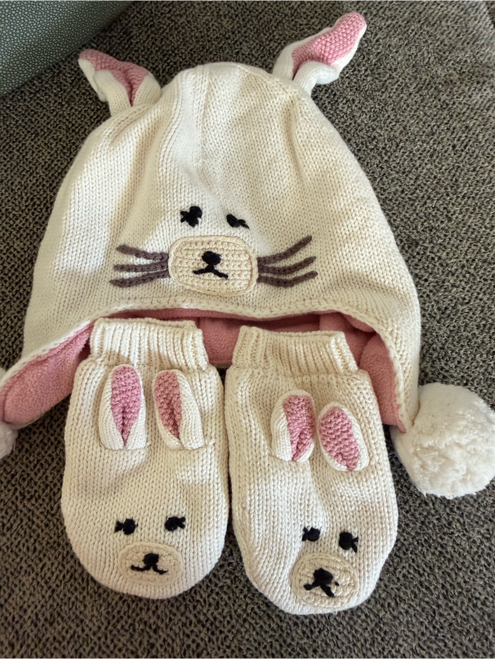 GAP Cream and Pink Bunny Ear Pom Hat
